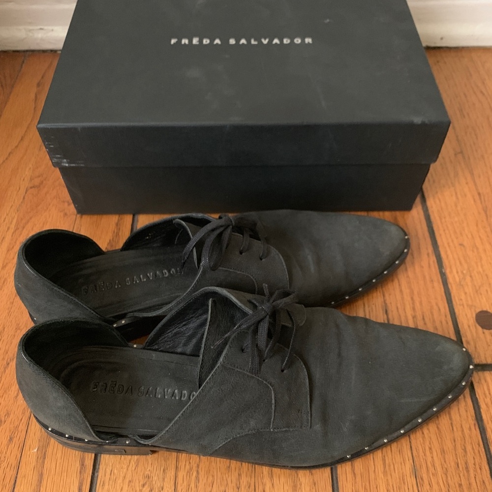 Freda Salvador Black Suede Lace-Up Studded Flats